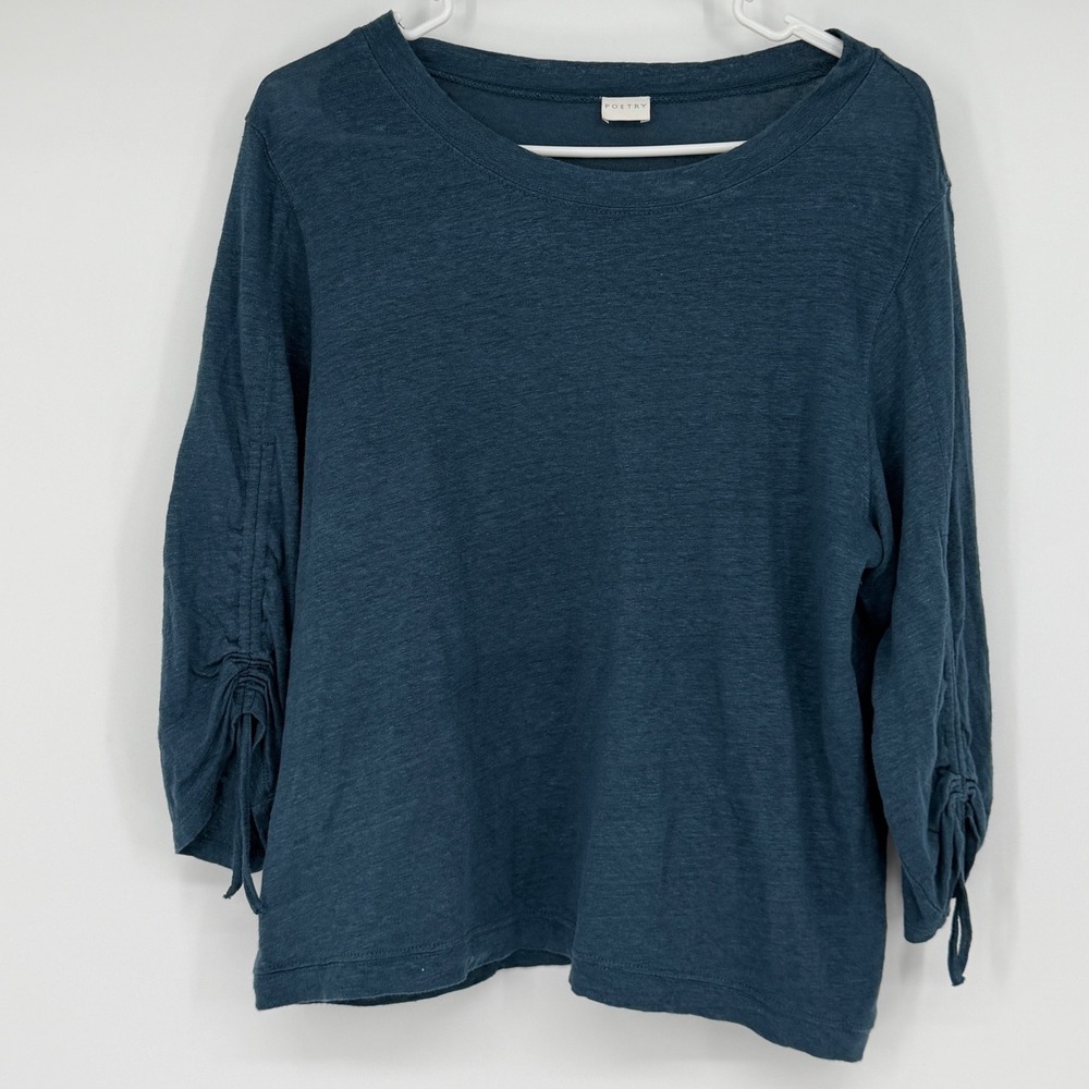 Poetry 100% Linen Teal Blue Ruched 3/4 Sleeve Top VY41 US 10 UK 14